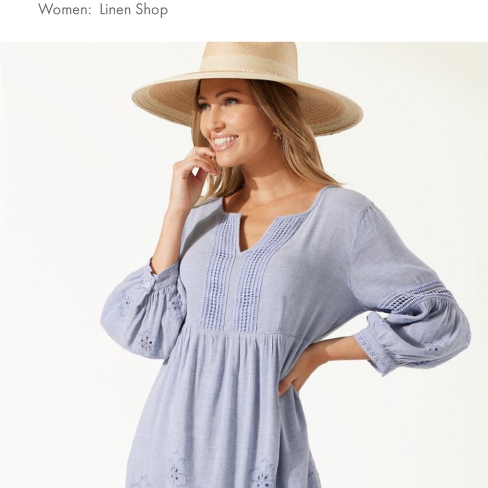 Tommy Bahama Blue Smocked Bishop Sleeve Sundress